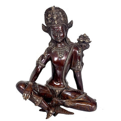 Brass Indra dev statue, seated with raised right hand, 10 in height