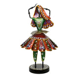 Multicolour Rajasthani dancing doll figurine, green torso and red-yellow headwrap, on round base