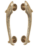 Golden brass fish door handle pair, front view with round backplates and scales