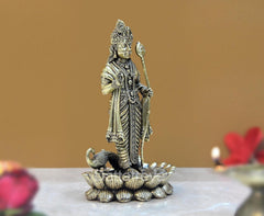 Brass Kartikeya Murugan statue with peacock near feet, lotus base, standing, bronze finish