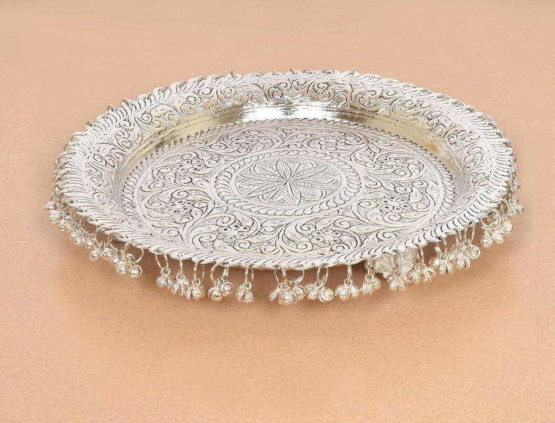 Brass Silver Pooja/Aarti Thali with Ghungroo (Height: 11 Inches)
