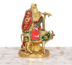 Reverse view of Radha-Krishna brass idol with standing cow, multicolored dress