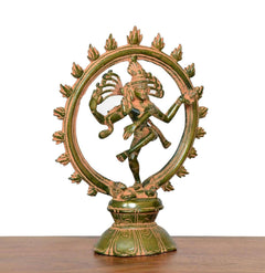 Brass Shiva Nataraj dancing figurine with low pedestal base and halo ring