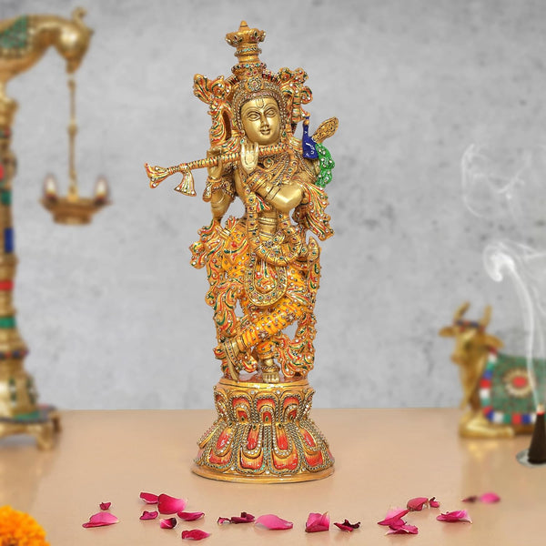 Handcrafted Brass Krishna Idol with Flute and Peacock Feather with Meenakari Work (Height 18 Inch)