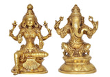 Brass Lakshmi and Ganesha idol figurines, front view of both seated deities