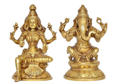 Brass Lakshmi and Ganesha idol figurines, front view of both seated deities