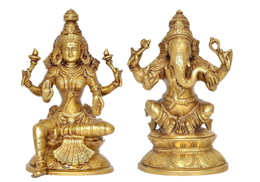 Brass Laxmi Ganesh Statue - Handcrafted Goddess Lakshmi and Lord Ganesha Idol for Home Decor and Pooja - Hindu Deities Figurine (Height 8 Inch)