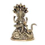 Brass Lord Vishnu idol on Sheshanaga serpent, detailed lotus crown and jewelry