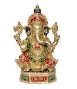 Brass Ganesha idol with jeweled crown, blue accents, four arms, seated on ornate base