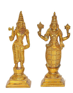 Gold Dasavatharam Vishnu avatar statue pair, standing figures on bases