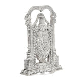Silver Tirupati Balaji idol angled view, detailed ornaments and sculpted base, 8 inch