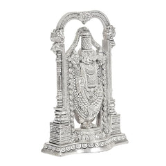 Silver Tirupati Balaji idol angled view, detailed ornaments and sculpted base, 8 inch