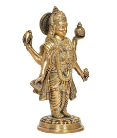 Brass Dhanvantri statue close side view, crown details and raised hands on round base