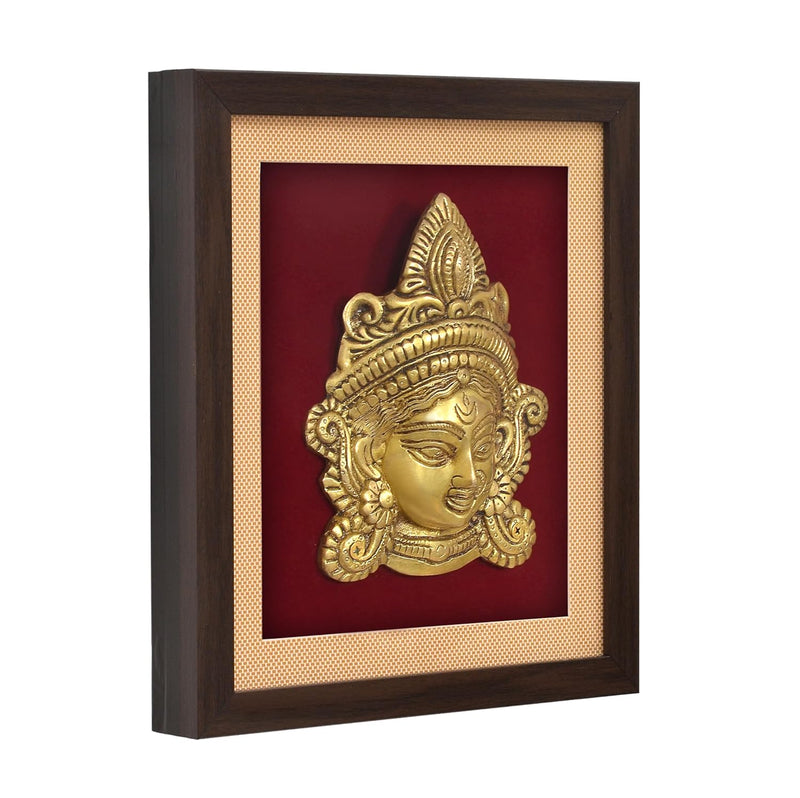 Brass Maa Durga Face Mask Idol with Frame Wall Hanging (Height: 12.5 Inch) (Golden)