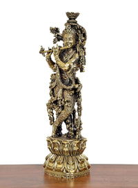 Lord Krishna brass sculpture statue, side view with raised arms and intricate carvings