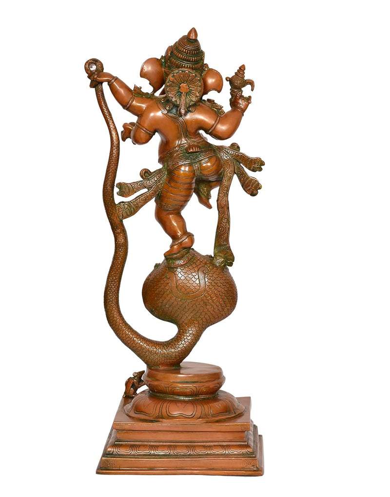 Brass Lord Ganesha Dancing on Serpent Shesha - Hindu Deity Idol for Puja and Gifts (Height 27 Inch)