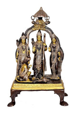 Brass Ram Darbar statue with central Ram, seated devotees, canopy top, full front view