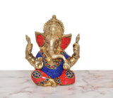 Brass Ganpati idol front view, blue-red decorated attire with gold detailing, 6-inch