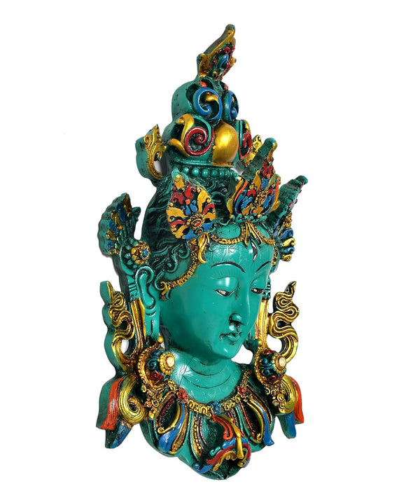 Resin Goddess Tara Wall Hanging Mask Buddhist Deity Handmade Statue Nepali Style (Height : 12 Inch) (Green) Study Setting