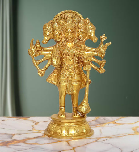 Brass Standing Panchmukhi Ten Armed Hanumanji Idol (Height: 10 Inch)