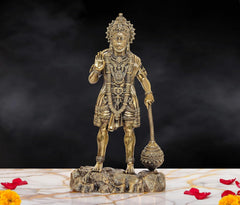 Brass Hanuman Ji standing sculpture, ornate crown and armor, 12-inch height