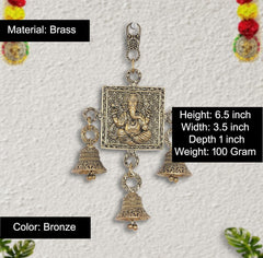 Bronze Ganesha wall hanging, engraved panel with four bells, 6.5 in