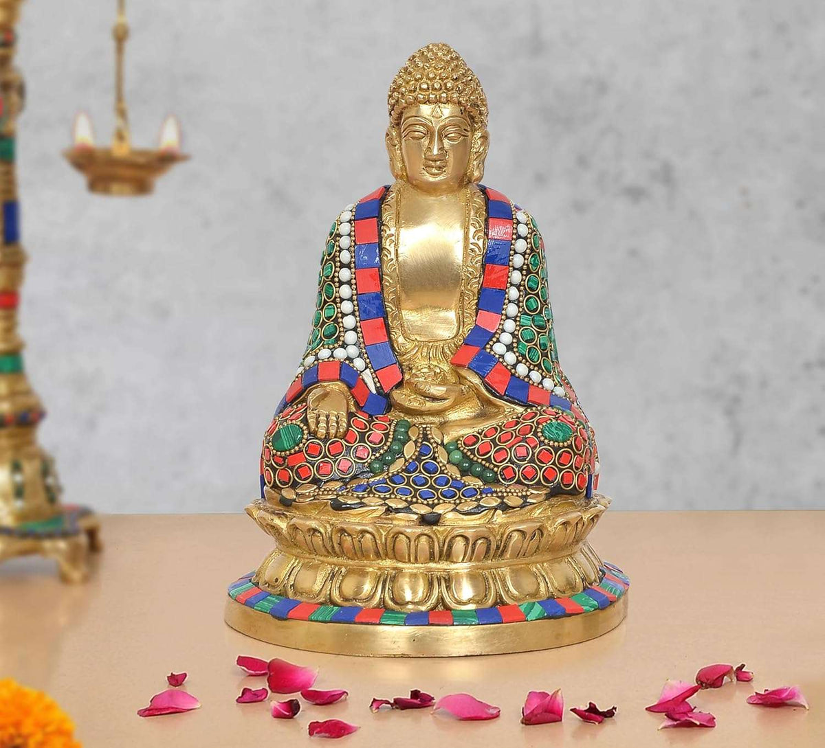 Multicolour brass Buddha statue, seated in Dhyan mudra with jeweled robe
