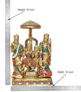 Brass Ram Darbar statue dimensions shown: Height 15 in, width 10 in, canopy overhead