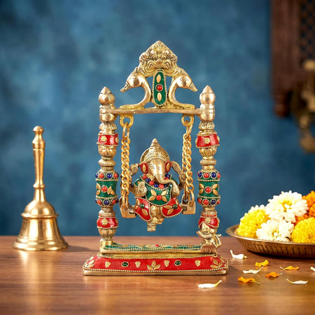 Brass Ganesha Swinging Jhula Ganesh Jhoola Decorative Showpiece Multicolour for Home Decor Mandir Pooja Temple (Height:9 Inches)