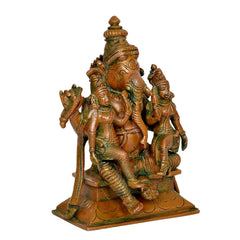 Brass Ganesha with Riddhi and Siddhi idol, angled view, 7 inch