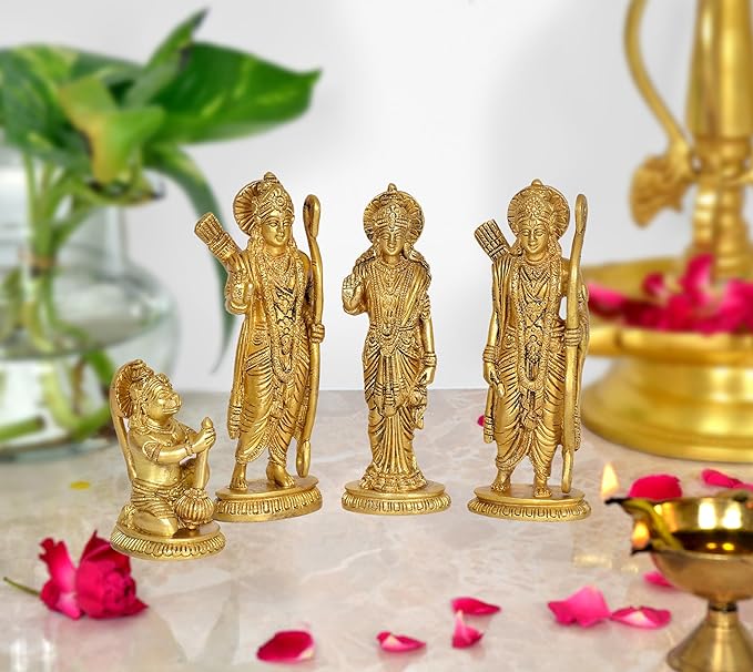 Brass Ram Darbar statue set, four figures with raised hands, 6.5 inch height