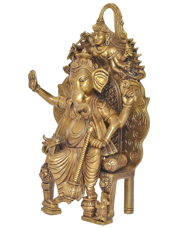 Brass Lord Ganesha Idol Sitting Ganesh Statue Decorative Sculpture for Home Decor Office Mandir Pooja Temple (Height 16 Inch) (Golden) Study Setting