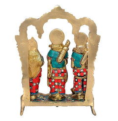 Brass Ram Darbar idol in arched frame with three standing figures in teal-red attire