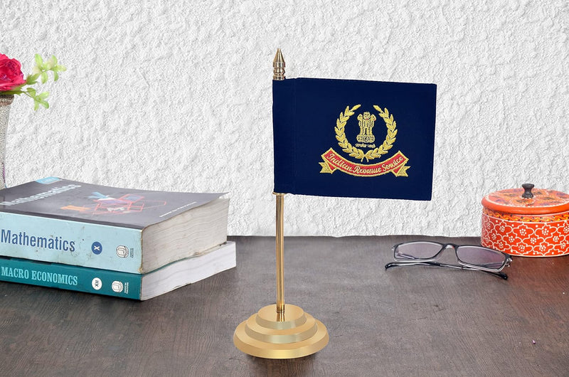 AONA Brass Indian Revenue Service Flag Tabletop Desk Flag, Golden Base, Car Dashboard & Office Decor