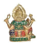 Back view of seated Ganesha statue, brass gold finish, green-red beaded attire