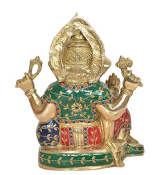 Back view of seated Ganesha statue, brass gold finish, green-red beaded attire