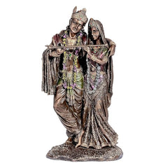Radha Krishna bonded bronze idol, brown finish, 12 in; couple pose with flute