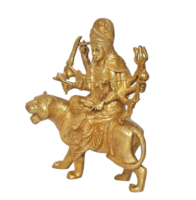 Brass Durga Maa with Lion Idol Hindu Goddess Sherawali MATA Murti MATA Rani Statue Figurine Home Temple (Height: 8 Inch) (Gold)