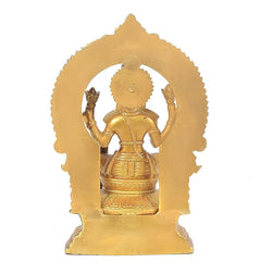 Brass Lakshmi idol, 10-inch, rear view with arched halo backplate