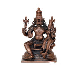 Front view of 4-inch copper Lakshmi Narasimhar idol, seated with four raised hands