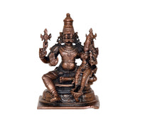 Front view of 4-inch copper Lakshmi Narasimhar idol, seated with four raised hands