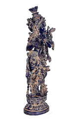 Krishna idol figurine back/side view, blue highlights, intricate carved ornamented base