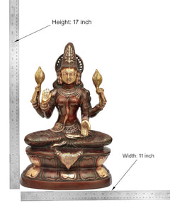 Lakshmi idol with height 17 inch, seated brass figure on lotus pedestal