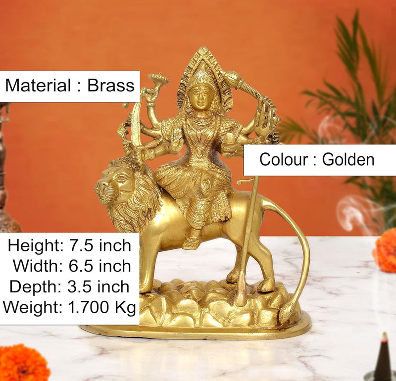 Brass Durga Maa with Lion Statue (Height: 7.5 Inch)