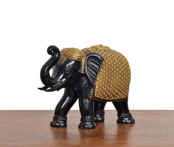 Superfine Brass Elephant Idol For Home Decor (Height: 3 Inch) (Gold and Black) Study Setting