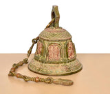 Brass hanging bell close-up with domed top, Ram Darbar artwork, beaded chain