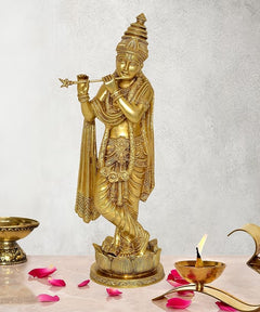 Krishna brass idol figurine playing flute, ornate crown and draped robe