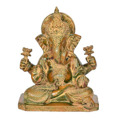 Brass Lord Ganesha idol, seated pose with detailed jewelry and decorative halo