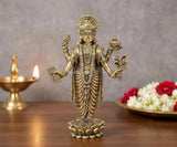 Brass Dhanvantri statue, 6-inch, four-armed physician with ornate crown and pedestal