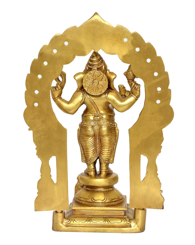 Brass Standing Ganapati Statue with Prabhavali Arch Ganesh Statue Decorative Sculpture for Home Decor Office Mandir Pooja Temple (Height 14 Inch)